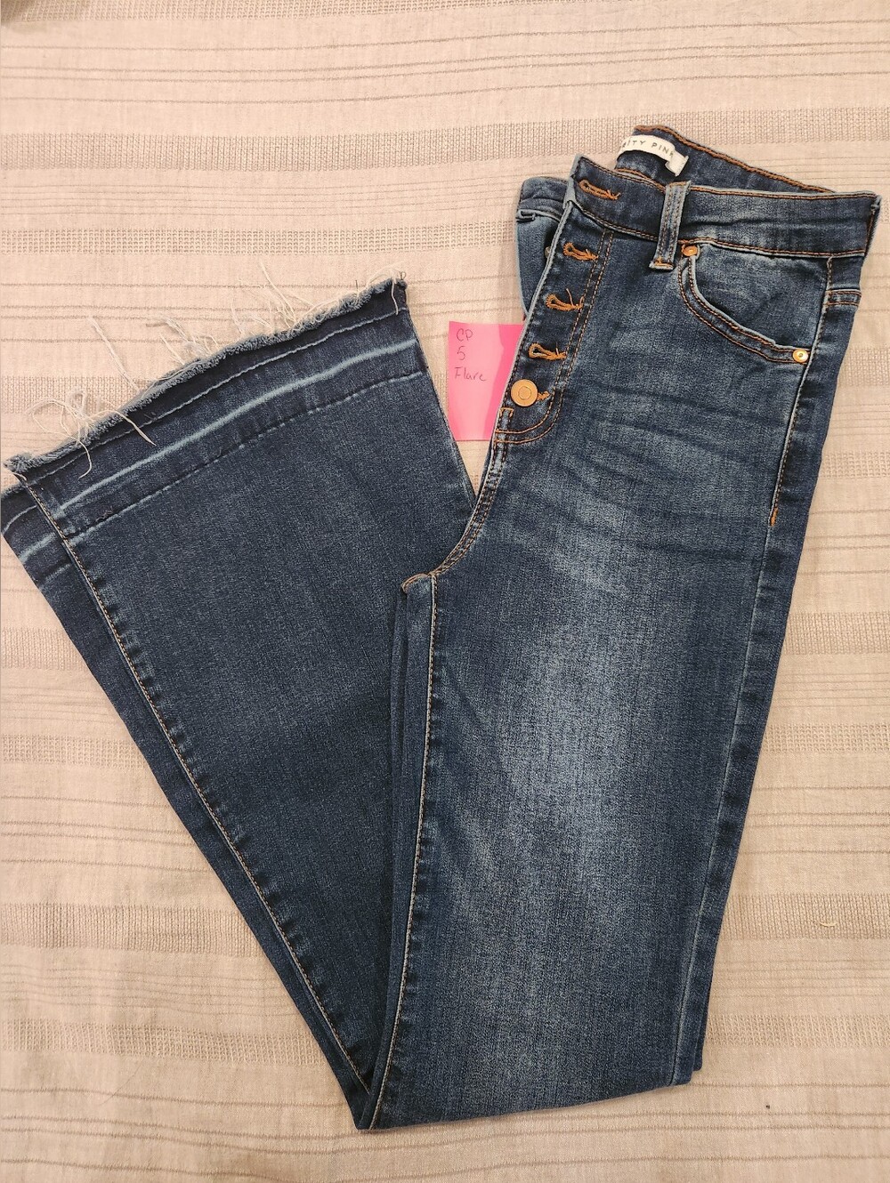 Celebrity Pink Distressed Dark Blue Flare Jeans with Button Fly